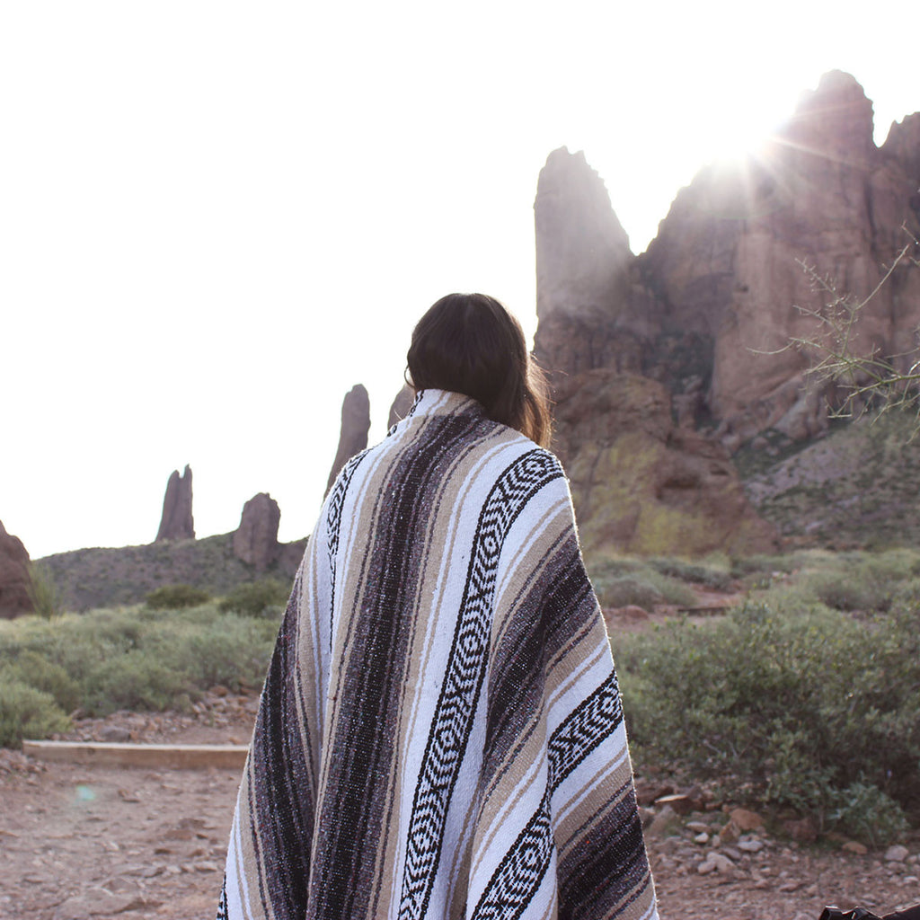 Over looking the mountains with brown mexican blanket - Campo Falsa blanket by Mntn & Moon