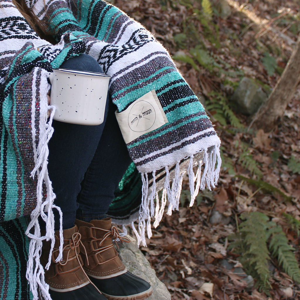 camping with teal mexican blanket | Lago Mexican Falsa Blanket by Mntn & Moon